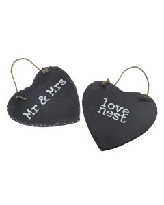 Mr and Mrs and Love Nest Hanging Slate Hearts