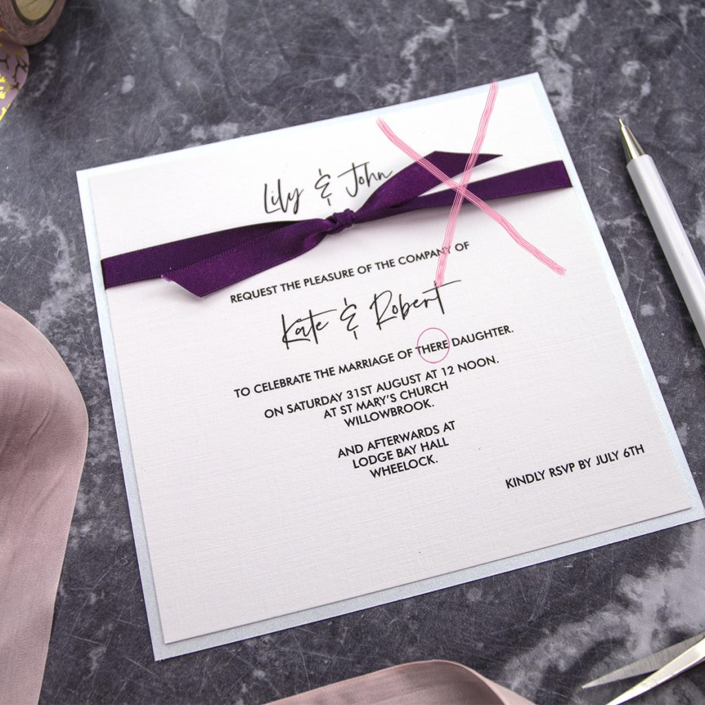 Carefully check the spelling on your wedding invitations and be careful of 'look-alike' words.