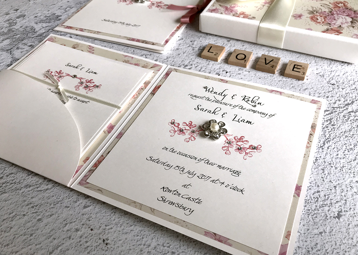 Embellished pocket card wedding invitation.